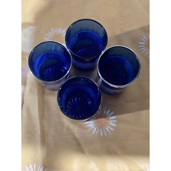 Vintage Cobalt Blue Glasses, Platinum Trimmed Drinkware, Cobalt Blue Whiskey Gla - Picture 3 of 6